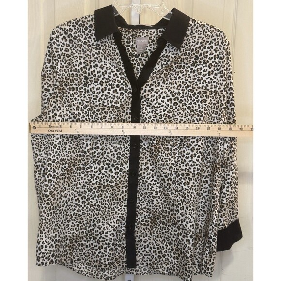 Chico’s Leopard Print Button Down Shirt 2 M/L Animal Print Black Trim No Iron - Picture 5 of 6